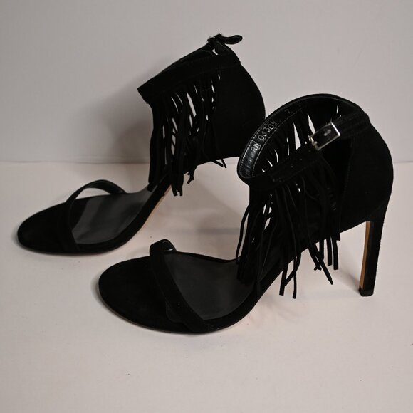 Stuart Weitzman Black Suede Nudist Heeled Sandals with Fringe - Picture 3 of 6